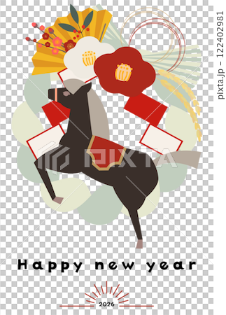 縦型午年年賀状ベクターイラスト 和風 和柄 かわいい シンプル 黒馬 2026年 縦型午年年賀状ベクターイラスト 和風 和柄 かわいい シンプル 黒馬 2026年 122402981