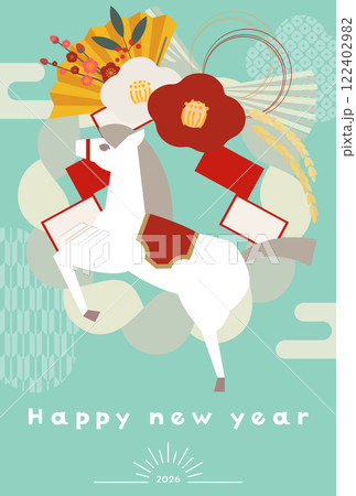 午年年賀状 縦型 馬 2026年 しめ飾り しめ縄 白馬 Happy new year イラスト 122402982