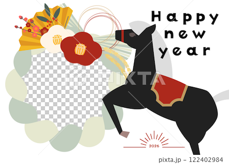 写真フレーム付き2026年午年年賀状ベクターイラスト フォトフレーム しめ飾り 正月飾り 白背景 122402984