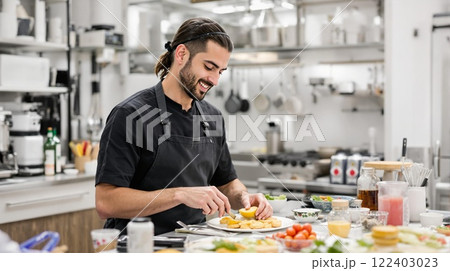 A skilled chef is expertly preparing a gourmet dish in a beautifully designed modern kitchen A skilled chef is expertly preparing a gourmet dish in a beautifully designed modern kitchen 122403023