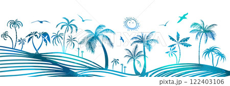 Hello summer . Blue palm trees horizontal background. Not AI, Vector illustration Hello summer . Blue palm trees horizontal background. Not AI, Vector illustration 122403106
