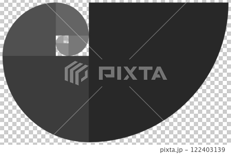 半径をフィボナッチ数列の比例倍率で設定した四分円の集団を灰色のグラデーションで色分けしたイラスト図形 半径をフィボナッチ数列の比例倍率で設定した四分円の集団を灰色のグラデーションで色分けしたイラスト図形 122403139