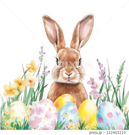 Hand-drawn Easter rabbit bunny with springtime flowers and painted eggs isolated on white background, holiday design elements 122403223