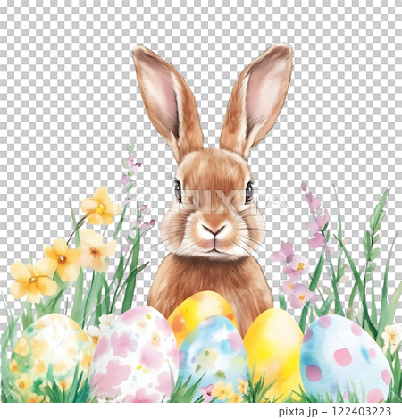 Hand-drawn Easter rabbit bunny with springtime flowers and painted eggs isolated on white background, holiday design elements 122403223