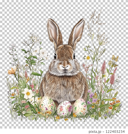 Hand-drawn Easter rabbit bunny with springtime flowers and painted eggs isolated on white background, holiday design elements Hand-drawn Easter rabbit bunny with springtime flowers and painted eggs isolated on white background, holiday design elements 122403234