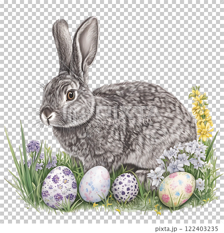 Hand-drawn Easter rabbit bunny with springtime flowers and painted eggs isolated on white background, holiday design elements 122403235