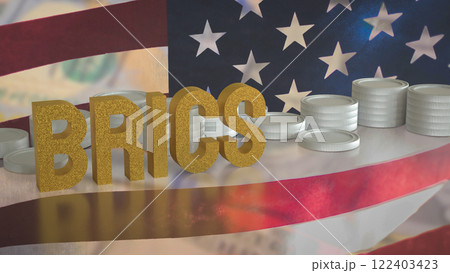 The Gold Brics and coins on USA flag Background 3d Rendering. 122403423