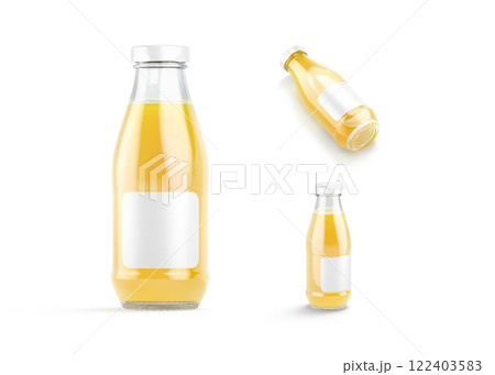 Blank transparent glass pineapple juice bottle mockup, different views 122403583