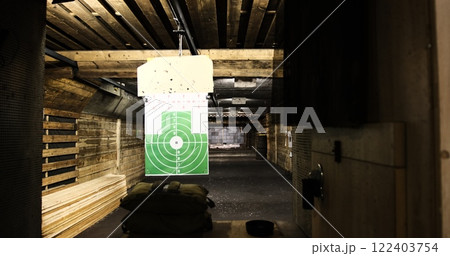 shooting range suspended green target view of a 50-meter underground range. Perfect for capturing the precision and thrill of shooting sports enthusiasts looking the depth intensity of target practice shooting range suspended green target view of a 50-meter underground range. Perfect for capturing the precision and thrill of shooting sports enthusiasts looking the depth intensity of target practice 122403754