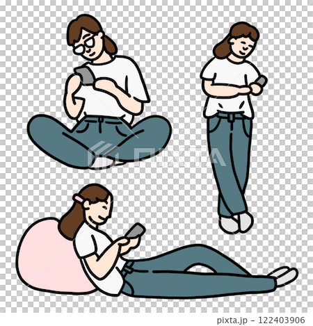 Colored line drawing of a woman looking at her smartphone 122403906