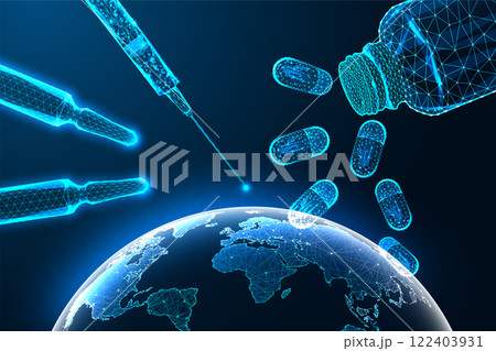 Global pharmaceutics concept with glowing syringe, pills, ampoules, medicine bottle over Earth. Global pharmaceutics concept with glowing syringe, pills, ampoules, medicine bottle over Earth. 122403931
