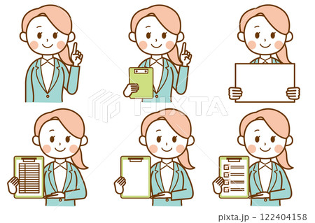 紙を持って説明するスーツを着た女性のイラストセット 紙を持って説明するスーツを着た女性のイラストセット 122404158