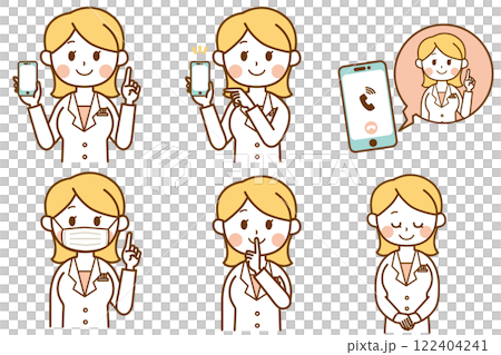A set of illustrations of a woman in a white coat giving various guidance A set of illustrations of a woman in a white coat giving various guidance 122404241