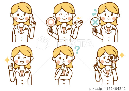 質問に答える白衣を着た女性のイラストのセット 質問に答える白衣を着た女性のイラストのセット 122404242