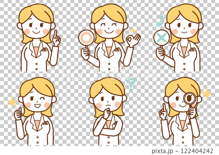 Set of illustrations of a woman in a white coat answering questions Set of illustrations of a woman in a white coat answering questions 122404242
