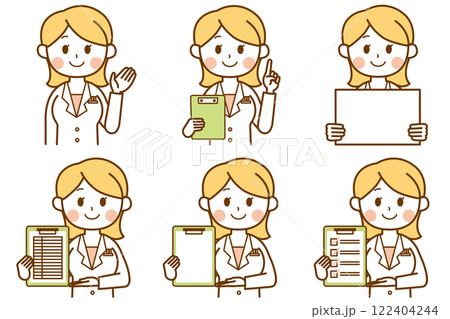 資料で説明する白衣を着た女性のイラストのセット 122404244