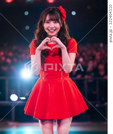 女性アイドル　笑顔でハートサイン 122404310
