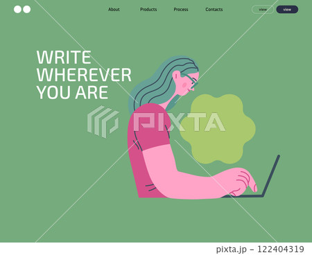 Writing people, modern flat vector concept illustration- sitting woman thoughtfully writing on laptop, bubble near head Metaphor for reflection, personal insight, contemplation, creative expression 122404319