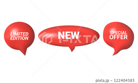 3D speech bubbles different shapes message icon. Text new special offer limited edition. For social media advertising posters. Vector isolated set. 122404383