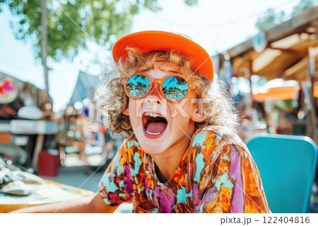 Teenager gasps with joy after discovering rare collectible at busy flea market on sunny day 122404816