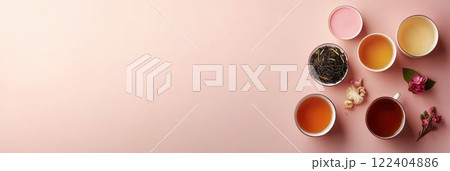 Selection of herbal and floral teas with loose leaves on a neutral backdrop for tea lovers 122404886