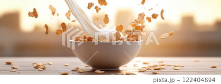 Frozen splashes of milk pouring into a cereal bowl in bright sunlight with city backdrop 122404894