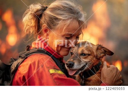 Middle aged woman courageously saves a dog from a forest fire amid dramatic flames Middle aged woman courageously saves a dog from a forest fire amid dramatic flames 122405033