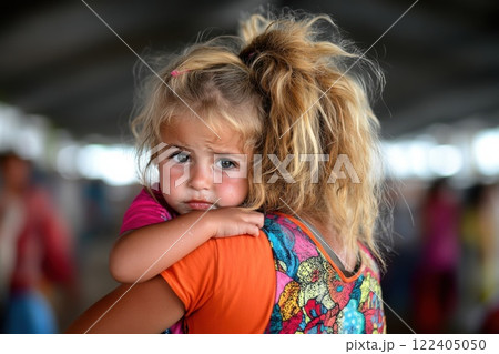 Woman comforts crying child in emergency shelter during difficult times 122405050
