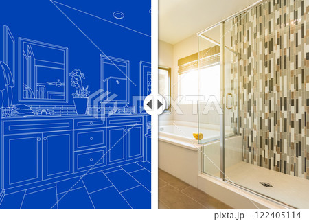Before and After Slider Comparing Blueprint Sketch Drawing Plans and Completed Custom Master Bathroom 122405114