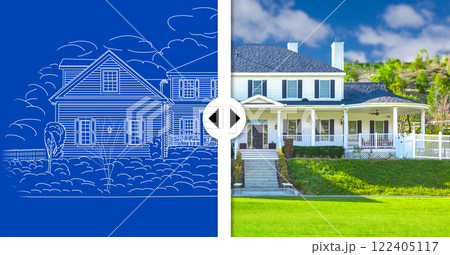 Before and After Slider Comparing Blueprint Sketch Drawing Plans and Completed Custom House. Before and After Slider Comparing Blueprint Sketch Drawing Plans and Completed Custom House. 122405117
