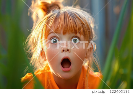 Young girl gasps in surprise while discovering hidden treasure in her backyard under bright sunlight 122405152