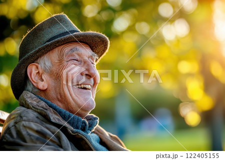 Elderly man laughing joyfully while sitting on a park bench in a sunny outdoor setting Elderly man laughing joyfully while sitting on a park bench in a sunny outdoor setting 122405155