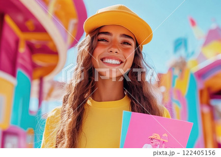 Cheerful young woman promoting charity run with vibrant flyers at a colorful local event 122405156