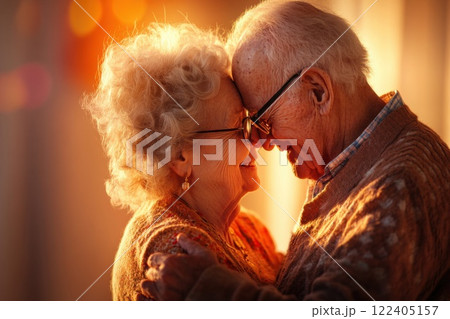 Elderly couple shares a heartfelt slow dance in a softly lit room filled with warmth and joy Elderly couple shares a heartfelt slow dance in a softly lit room filled with warmth and joy 122405157