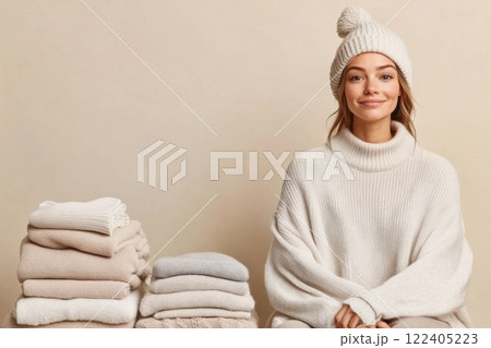 Young woman organizes warm clothing donations for winter shelter in a bright indoors setting 122405223