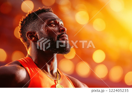 Athlete overwhelmed with emotion after winning gold medal at bright stadium podium 122405235