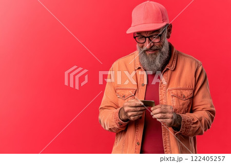 Man in his 30s beams with disbelief holding a winning lottery ticket against a red backdrop 122405257