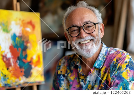 Elderly man exhibits new painting in vibrant art studio filled with light and creativity 122405268