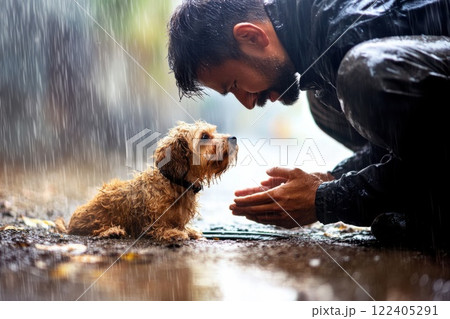 Man of Asian descent rescues small dog from storm drain during heavy rain in dramatic atmosphere Man of Asian descent rescues small dog from storm drain during heavy rain in dramatic atmosphere 122405291