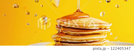 Floating pancakes with syrup create a delightful culinary moment in mid air 122405347