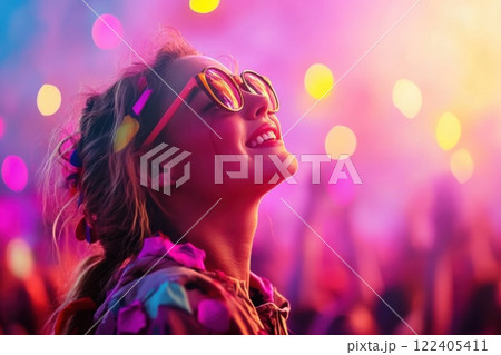 Emotional woman in concert smiles through tears listening to favorite song in vibrant light 122405411