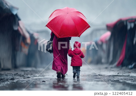 Woman helps child carry heavy bag in refugee camp during rainy day 122405412