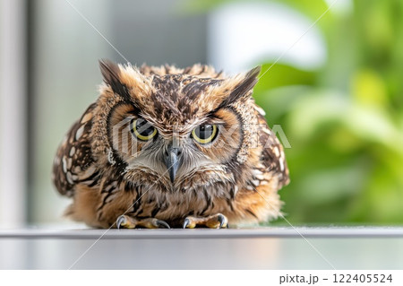 Veterinarian caring for owl in wildlife sanctuary while gently cleaning feathers 122405524