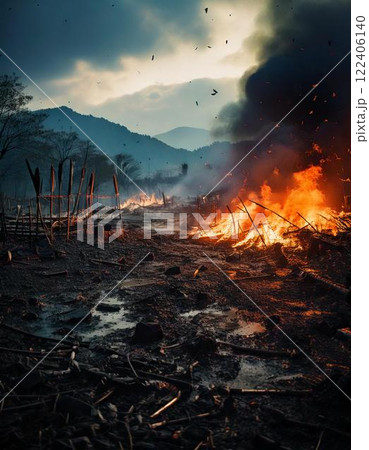 燃える戦国時代の戦場 ai生成画像 燃える戦国時代の戦場 ai生成画像 122406140