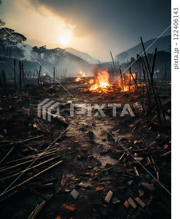 戦国時代の荒れ果てた合戦場 ai生成画像 戦国時代の荒れ果てた合戦場 ai生成画像 122406143