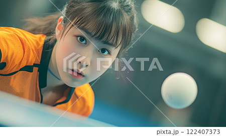 真剣な表情で試合に集中する卓球の女性選手のクローズアップ 122407373