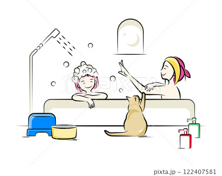 バスタイムにママ(お母さん)と親子一緒にお風呂に入る女の子と猫の｜家族シリーズ 122407581