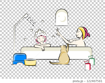 バスタイムにママ(お母さん)と親子一緒にお風呂に入る女の子と猫の｜家族シリーズ 122407581