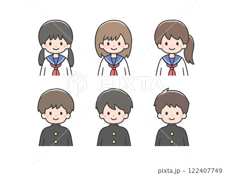 セーラー服と学ランを着ている学生6人のアイコンセット 122407749