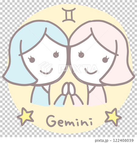 簡單可愛的女孩雙子座插畫與英文符號 簡單可愛的女孩雙子座插畫與英文符號 122408039